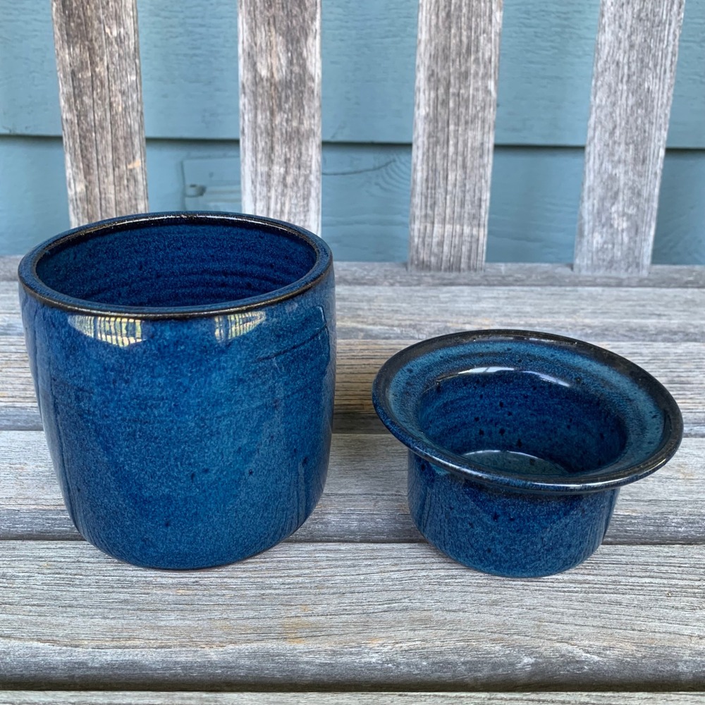 Traditions Pottery Blue Glazed Ceramic Dip Chiller 2pc Handmade Stoneware Set